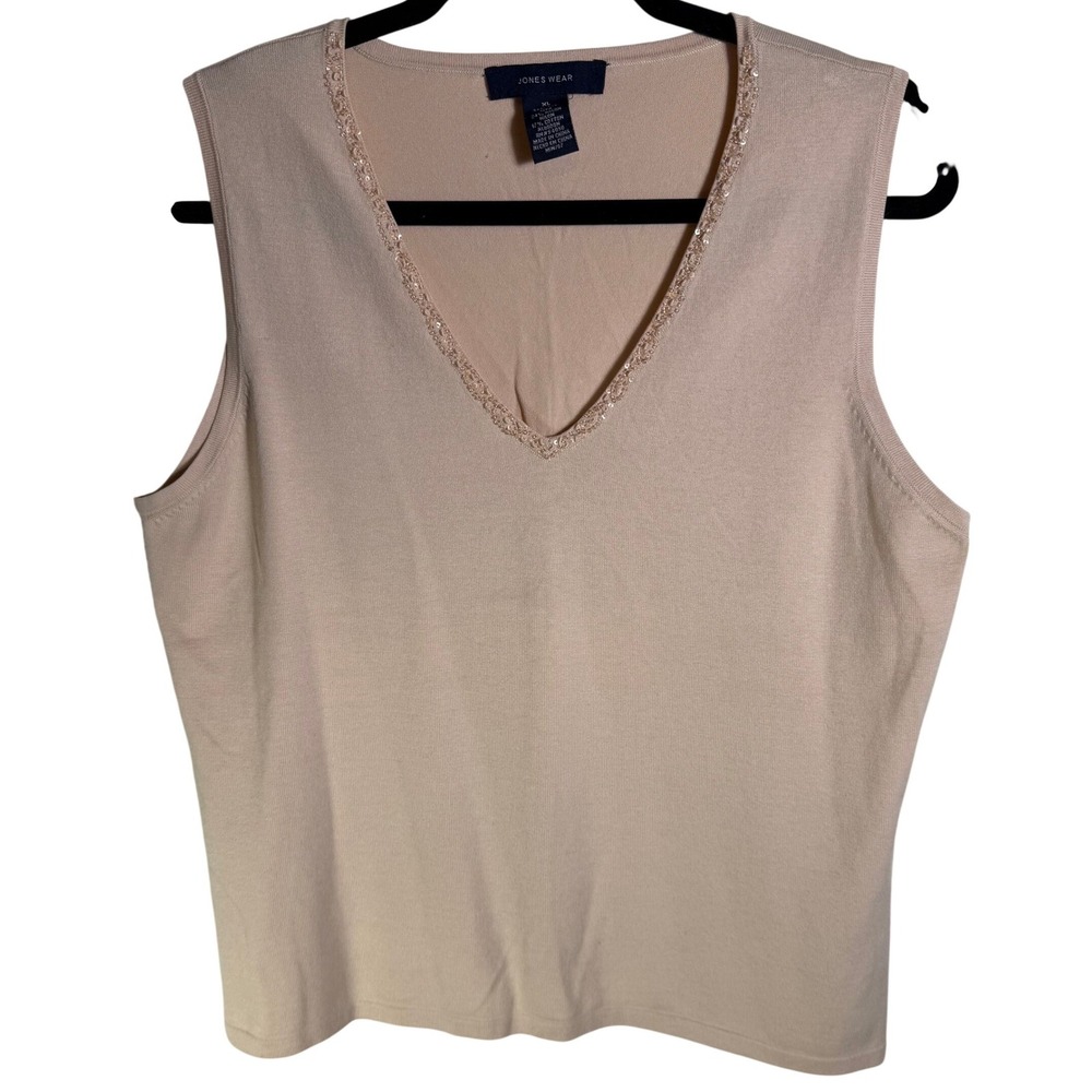 Jones Wear Silk Blend Beaded V-Neck Sweater Vest Peach XL Sleeveless Knit Top